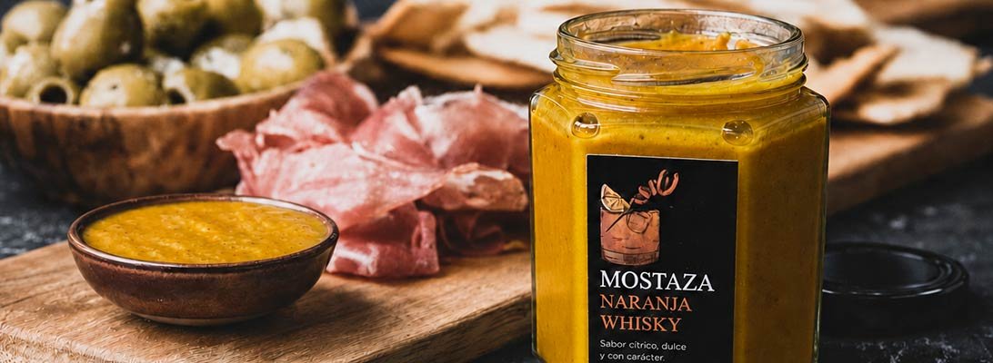 Selección de embutidos, quesos y encurtidos acompañada de mostaza de naranja y whisky Gourmet León Aperitivos gourmet con mostaza de naranja y whisky