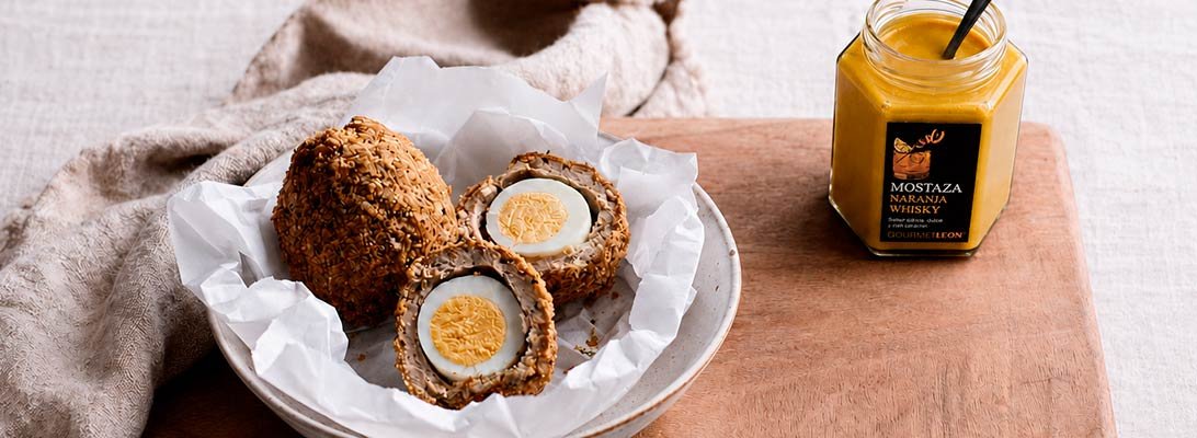 Huevos escoceses acompañados de mostaza de naranja y whisky Gourmet León Huevos escoceses con mostaza de naranja y whisky