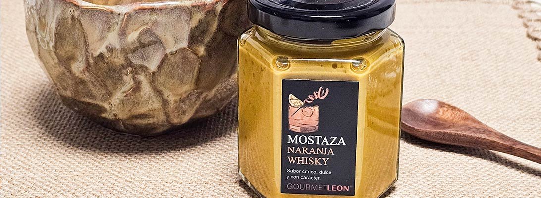 Mostaza de naranja y whisky Gourmet León para crear salsas, aperitivos y platos diferentes en restaurantes, cafeterías, caterings y otros negocios de hostelería. Mostaza de naranja y whisky para hostelería