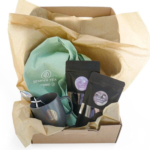 pack de te organico con taza de lujo y accesorios semper tea